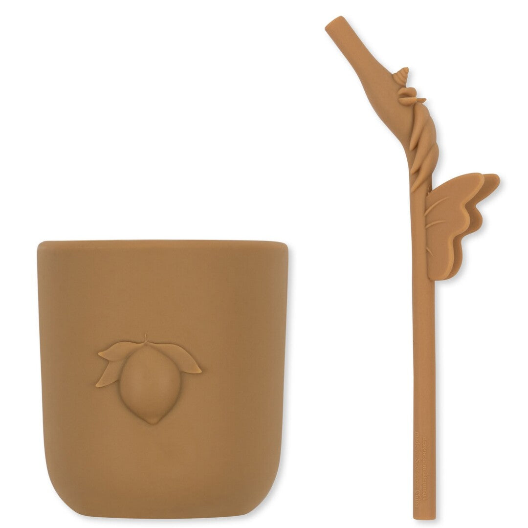 konges sløjd siliconen drinkbeker en herbruikbaar rietje - lemon and unicorn - almond | KS6012-ALMOND NB | 1