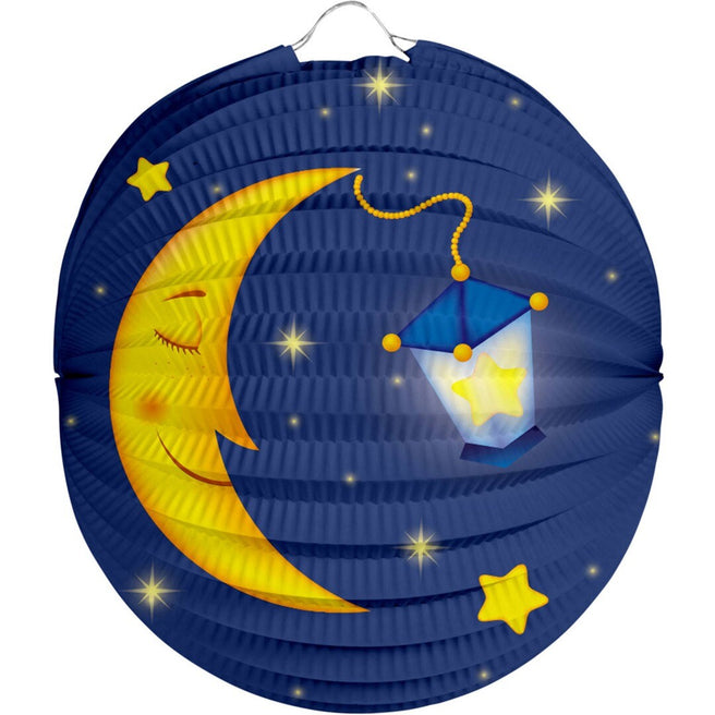 Folat papieren lampion met een slapende maan, een lantaarn en sterren op een blauwe achtergrond.