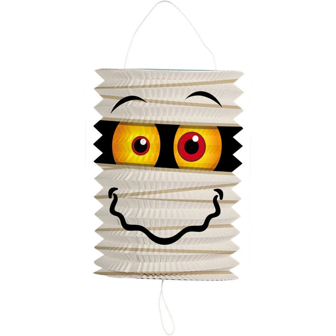 Een beige rechthoekige Folat mummie lampion van papier met grote gele en rode ogen en een zwarte lachende mond.