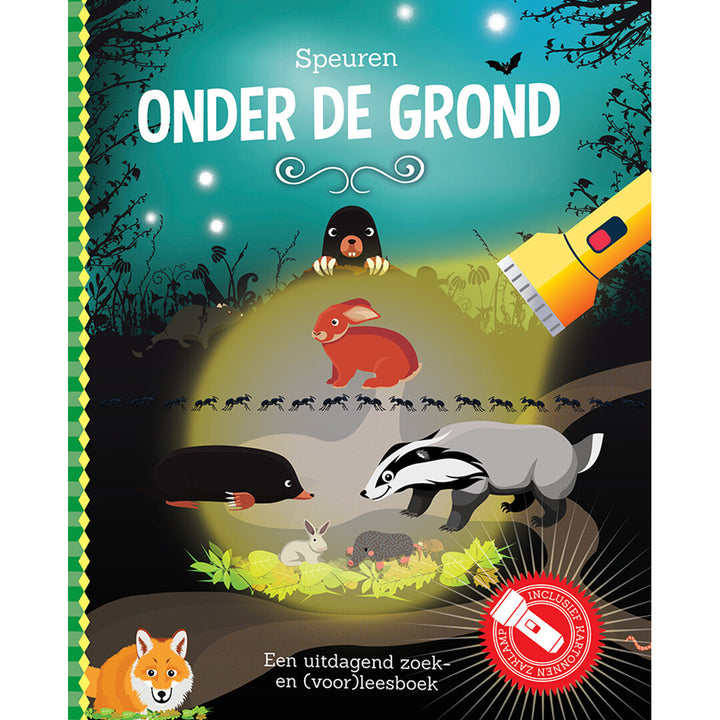Lantaarn kinderboek 'Speuren onder de grond' met illustraties van ondergrondse dieren en een zaklamp.
