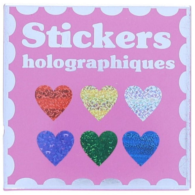 De roze verpakking van le petit souk holografische hartjesstickers met zes gekleurde harten.