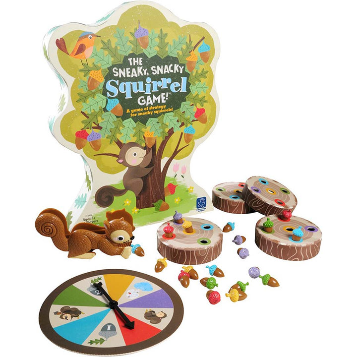 Learning Resources The Sneaky, Snacky Squirrel Game! behendigheidsspel met een eekhoornpincet, boomstronken en gekleurde eikels.