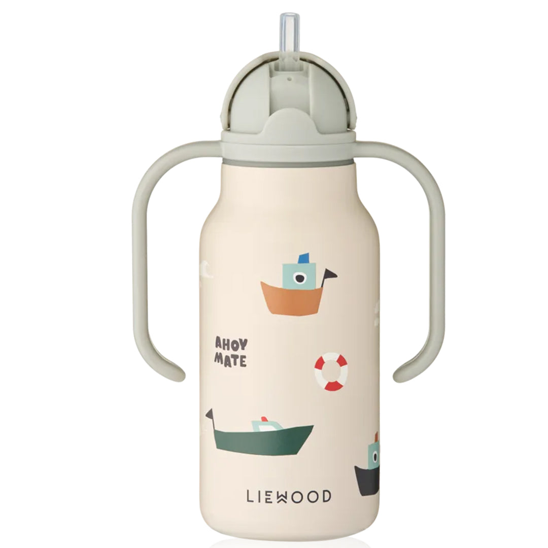 liewood rvs thermosfles kimmie - sailing - sandy - 250 ml met rietje zichtbaar