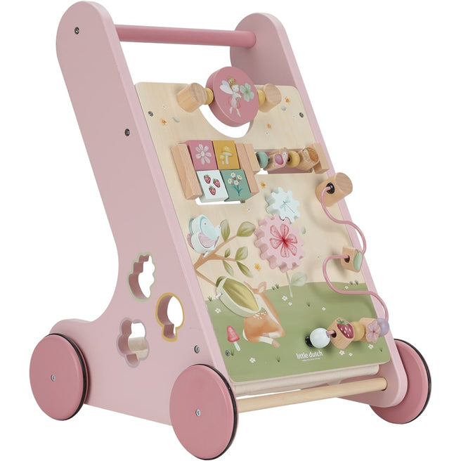 Roze houten Little Dutch activiteiten loopwagen met sprookjestuin thema, schuin van voren gezien.