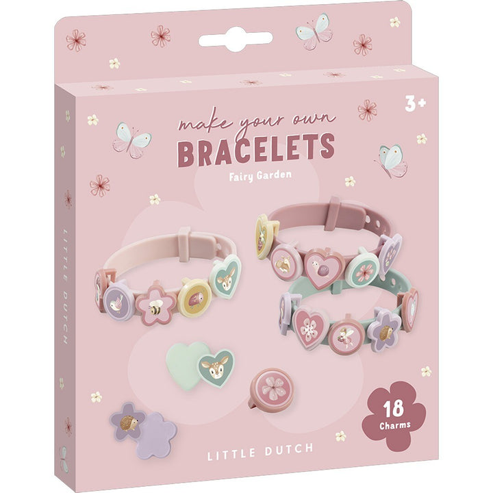 Little Dutch bedelarmband maken set 'Fairy Garden' in roze verpakking met vlinders en bloemen.