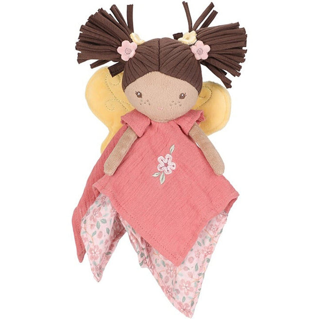 Little Dutch knuffeldoek Evi in de vorm van een roze fee met gele vleugels.