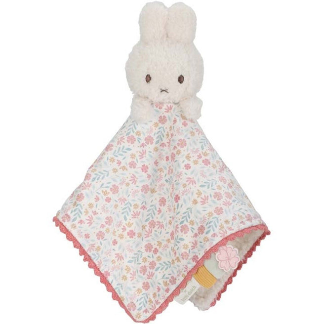Little Dutch Nijntje knuffeldoek met een wit pluchen Nijntje hoofd en een gebloemde deken met roze rand.