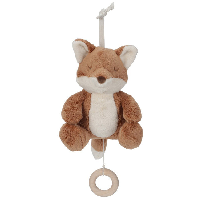 Little Dutch knuffelvos muziekdoosje met houten ring, geïsoleerd op een witte achtergrond.