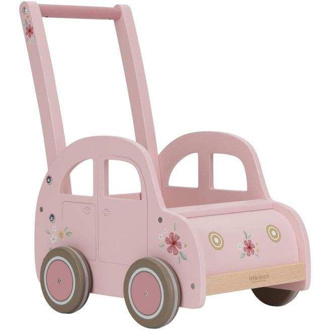 Little Dutch roze houten loopwagen in de vorm van een auto met bloemendecoratie.
