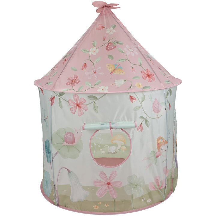 little dutch speeltent in roze en wit met bloemen- en dierenpatronen, schuin gefotografeerd.
