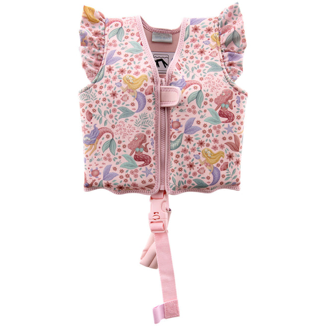 Little Dutch zwemvest voor kinderen, roze met zeemeermin- en bloemenpatroon, van voren gezien.