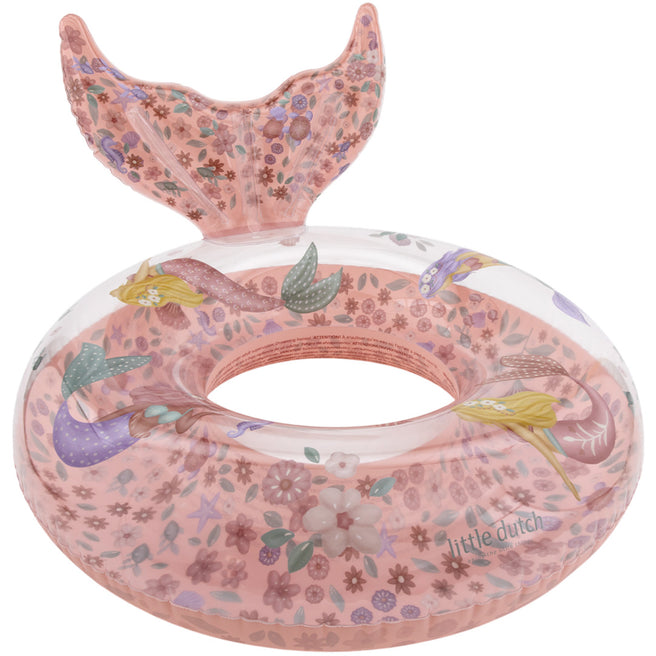 Little Dutch roze zwemring voor kinderen met een gebloemd en zeemeerminpatroon en een staart.