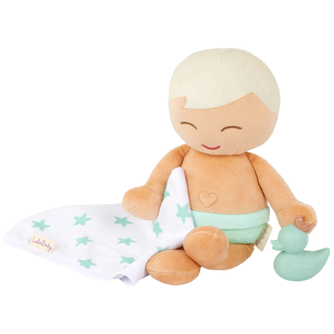lullababy badpop pluche met accessoires - blond jongetje - 35,5 cm | LBY7265 | 3