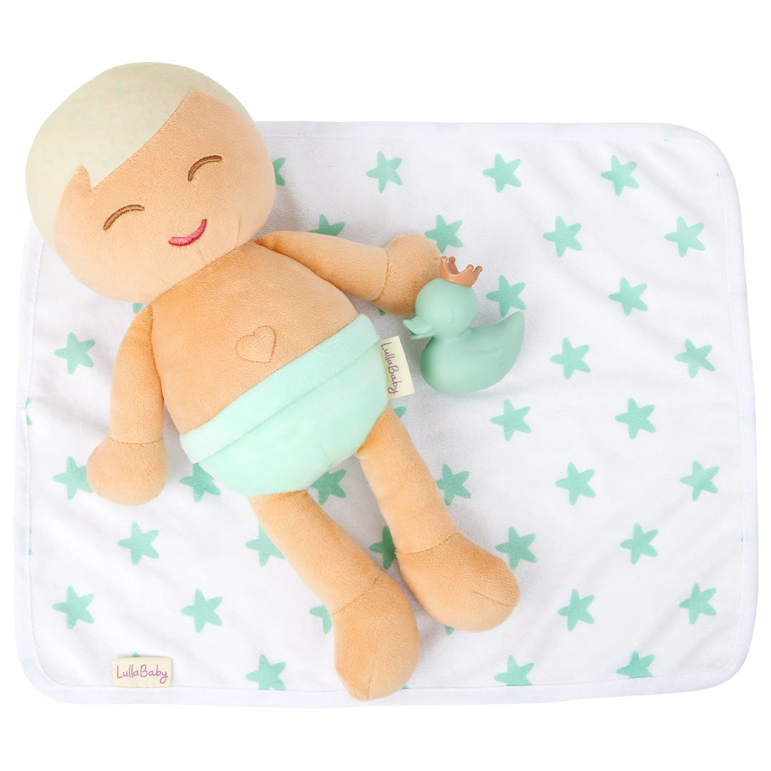 lullababy badpop pluche met accessoires - blond jongetje - 35,5 cm | LBY7265 | 4