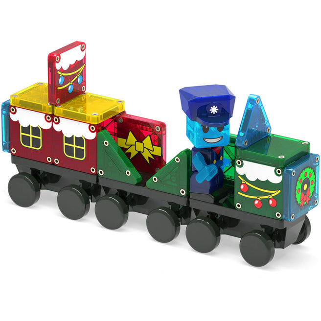 Magna-Tiles kersttrein van magnetische tegels met een conducteur en twee wagons, versierd met kerstmotieven.