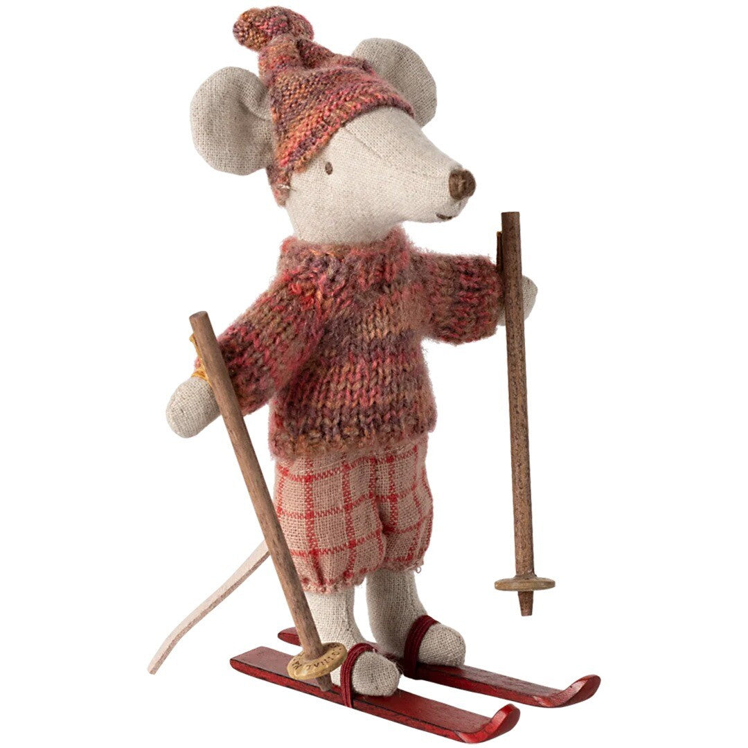 maileg knuffelmuis grote zus op ski's - rose - 13 cm | 17-4210-00 | 0