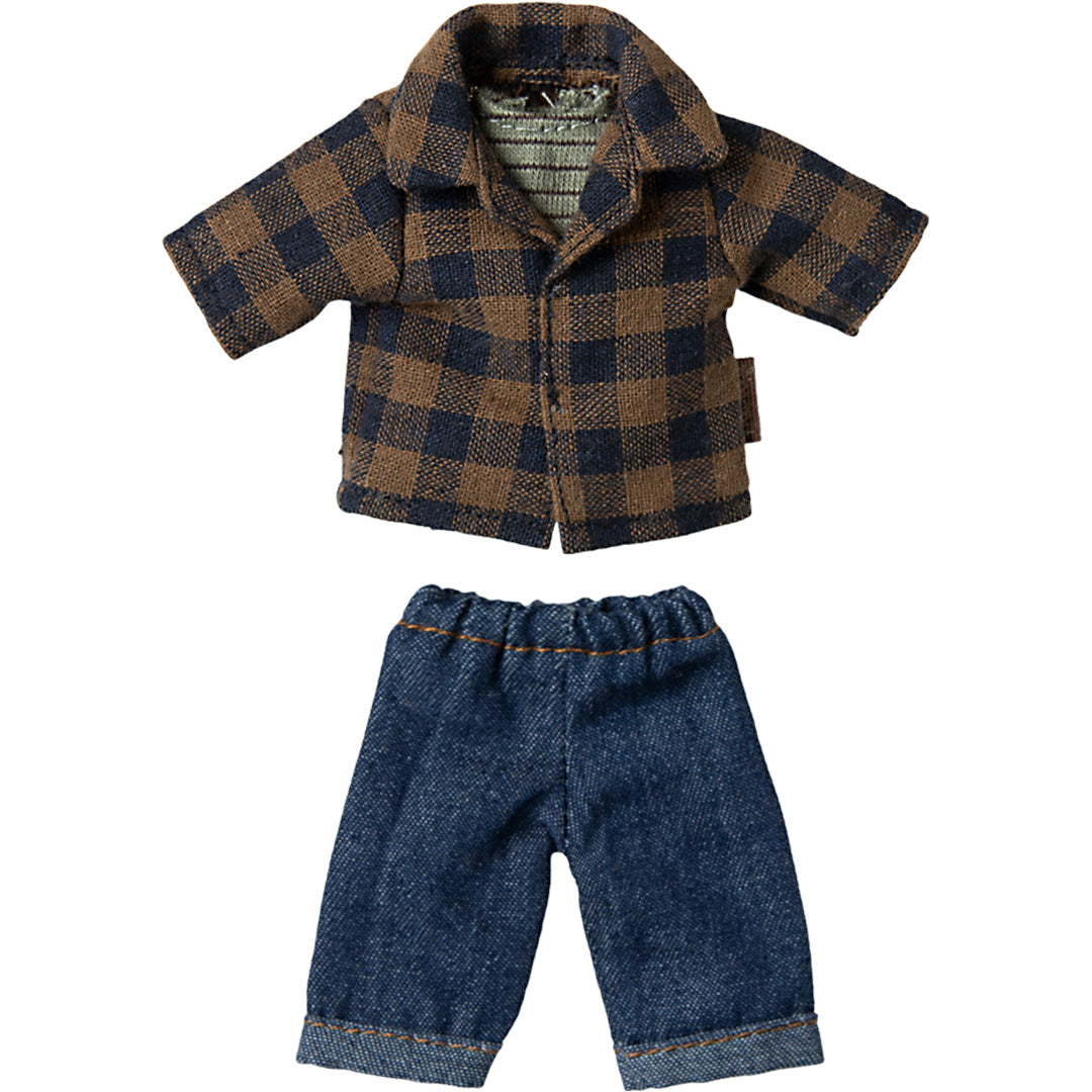 maileg poppenkleding vader - bruin geruit overhemd en denim broek - 15 cm | 17-5310-00 | 0