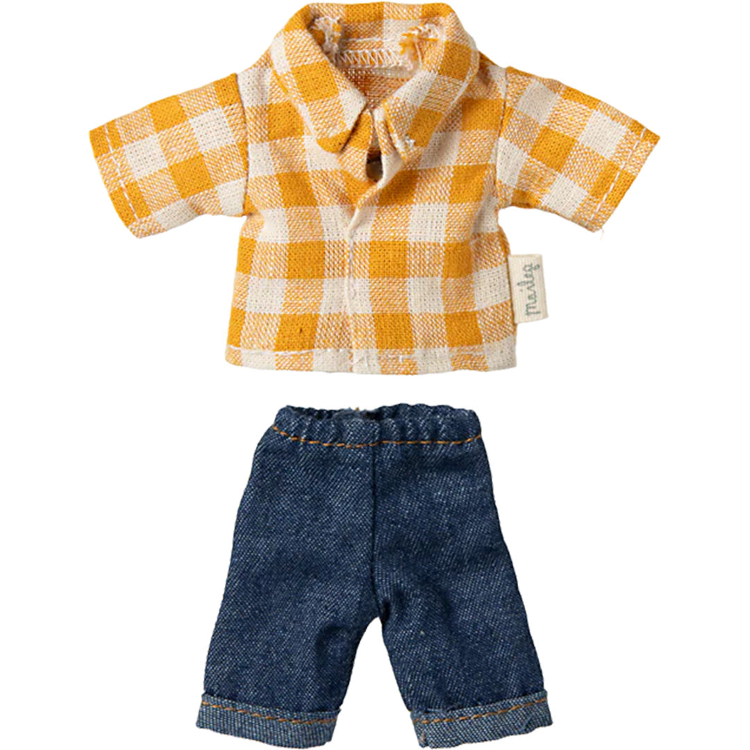 maileg poppenkleding vader - geel geruit overhemd en denim broek - 15 cm | 17-5307-00 | 0