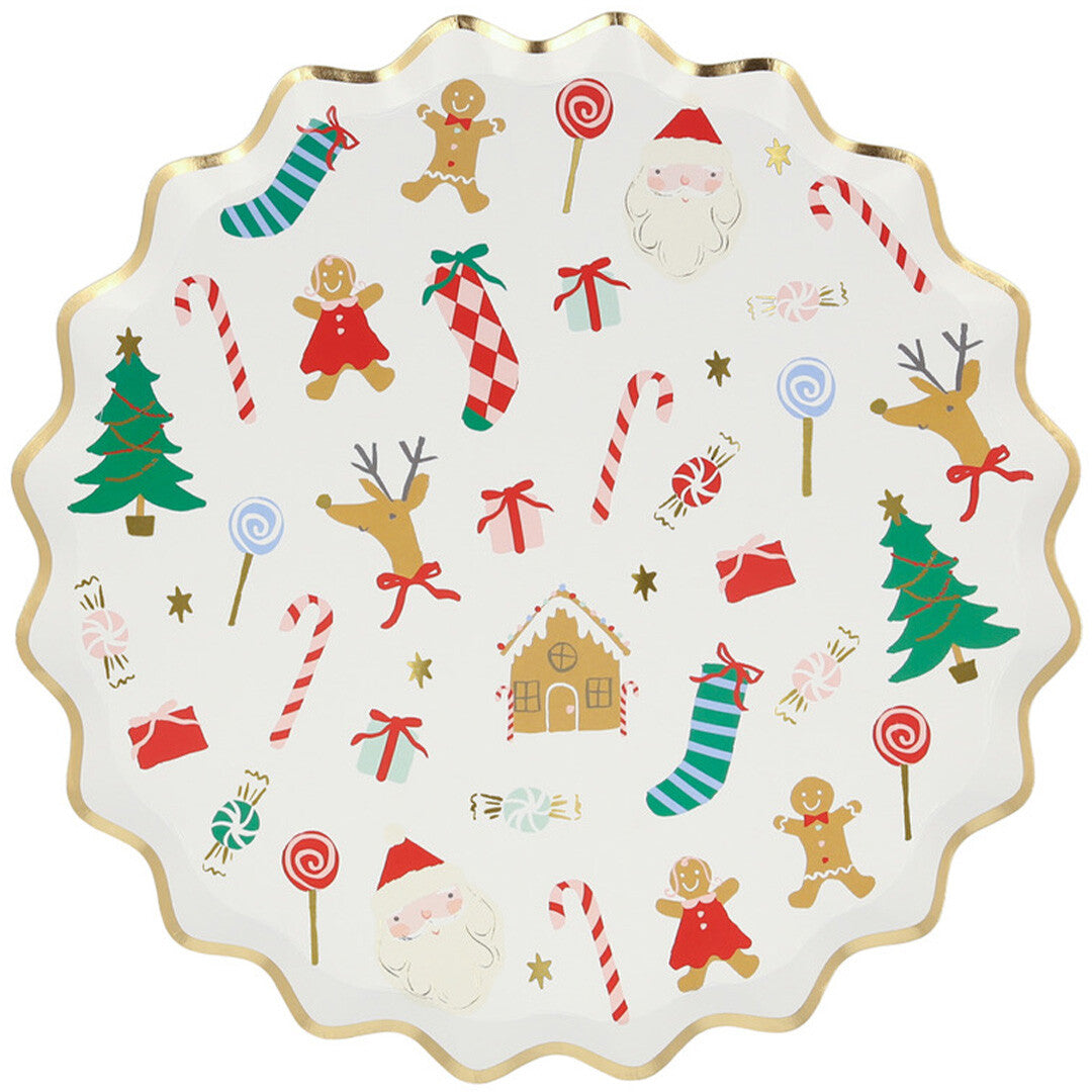 Meri Meri Jolly Christmas bord met een wit rond geschulpte rand en gouden accenten, versierd met kerstfiguren en snoepjes.