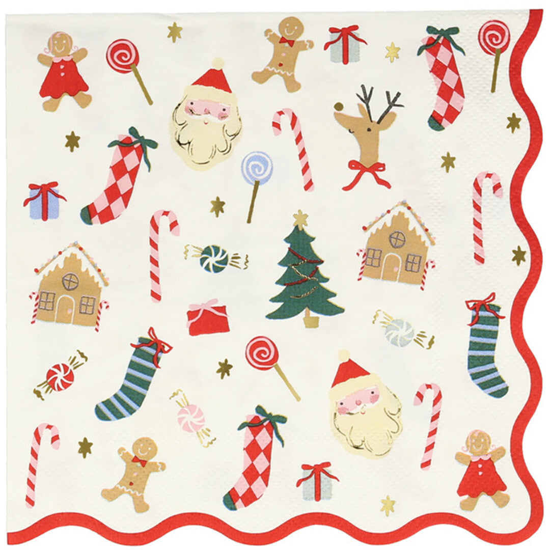 Meri Meri papieren servet met een vrolijk kerstpatroon van de Kerstman, peperkoekmannetjes, kerstbomen en snoepgoed.