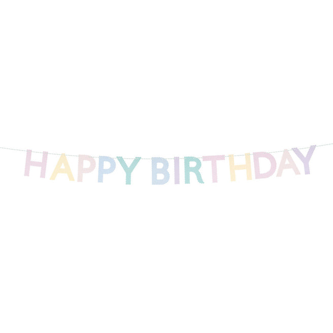 Meri Meri veelkleurige Happy Birthday slinger in pastelkleuren.