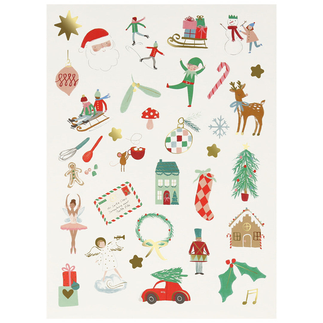 Een vel Meri Meri kerststickers met diverse feestelijke figuren en patronen.