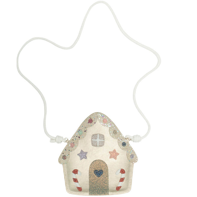 Mimi & Lula kinderschoudertasje in de vorm van een goudkleurig peperkoekhuisje met glitter en kerstversieringen.