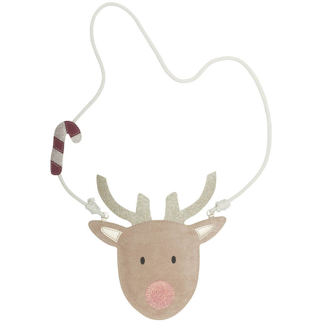 mimi & lula schoudertasje in de vorm van een rendierhoofd met glittergewei en een snoepstokje aan de draagband.