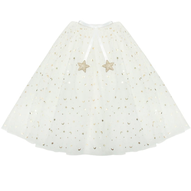 Mimi & Lula witte verkleedrok voor kinderen met gouden sterren en manenpatroon en sterbedels.