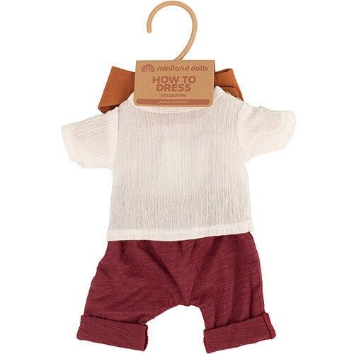 miniland poppenkledingset broek en shirt bordeaux-wit - 32 cm | 8231647 | 1