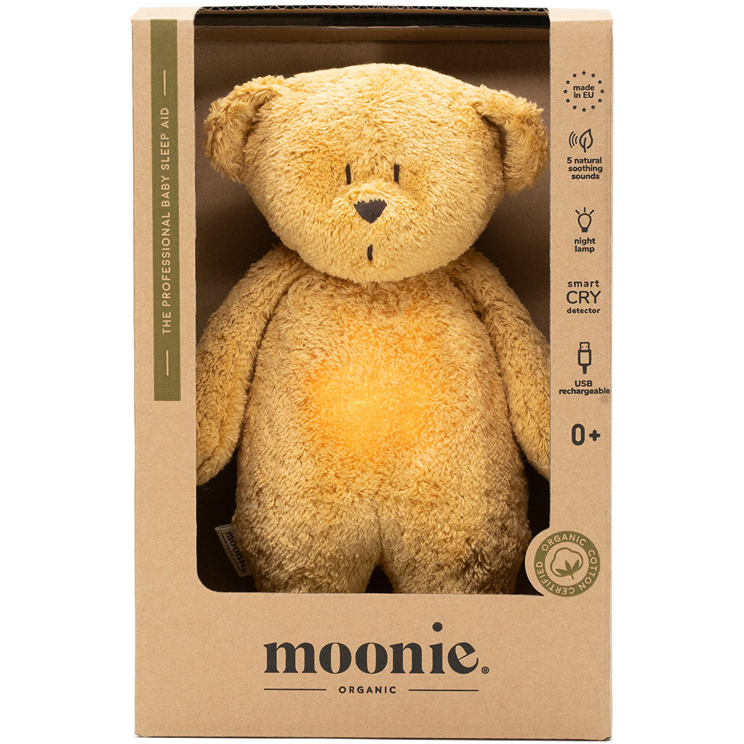 moonie 2.0 next gen knuffelbeer met nachtlamp en geluid - honey natur - 28 cm | MHO2 | 1