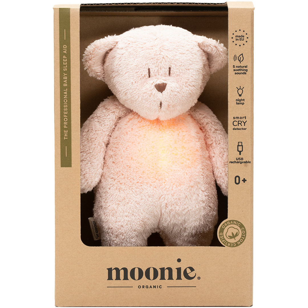 moonie 2.0 next gen knuffelbeer met nachtlamp en geluid - rose natur - 28 cm | MRO2 | 1