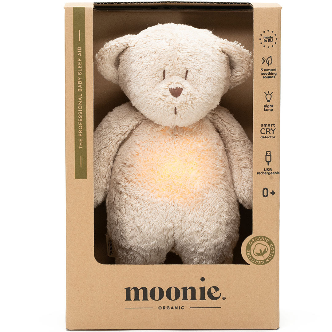 moonie 2.0 next gen knuffelbeer met nachtlamp en geluid – sand natur – 28 cm | MSA2 | 1