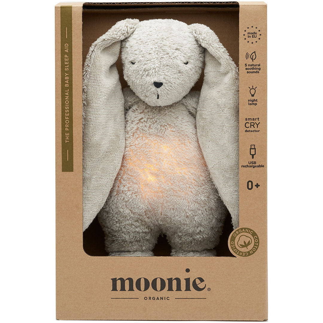 moonie 2.0 next gen knuffelkonijn met nachtlamp en geluid - gray natur - 28 cm | KGR2 | 1