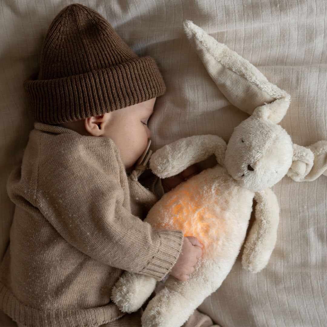 moonie 2.0 next gen knuffelkonijn met nachtlamp en geluid - polar natur - 28 cm | KPO2 | 1