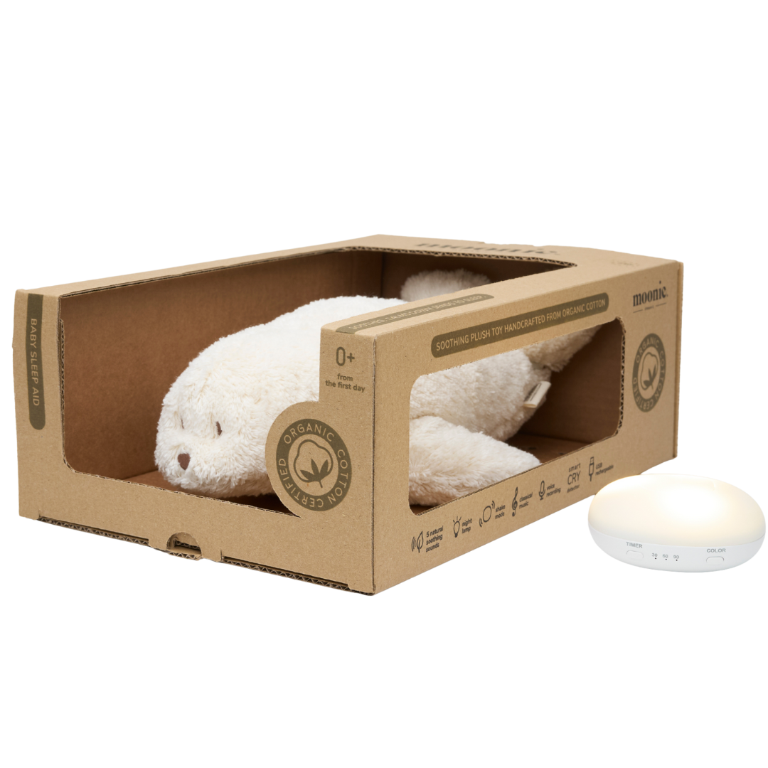 moonie 2.0 next gen knuffelzeehond met nachtlamp en geluid - polar - 33 cm | S-PO | 1