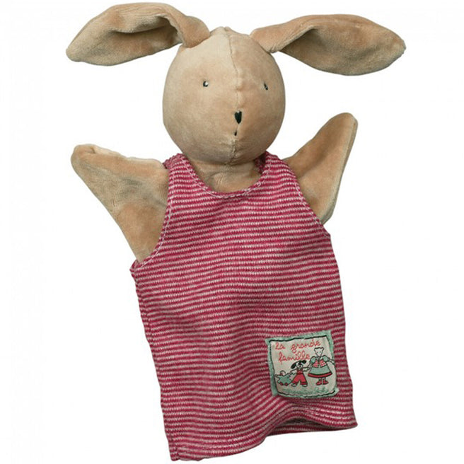 Moulin Roty handpop konijn met beige vacht en rood-wit gestreept shirt.