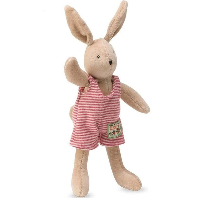 Moulin Roty knuffelkonijn Sylvain met roze gestreepte romper, schuin van voren.