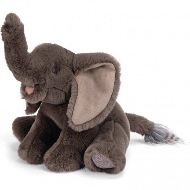 Moulin Roty bruine pluchen olifant zittend met opgestoken slurf.