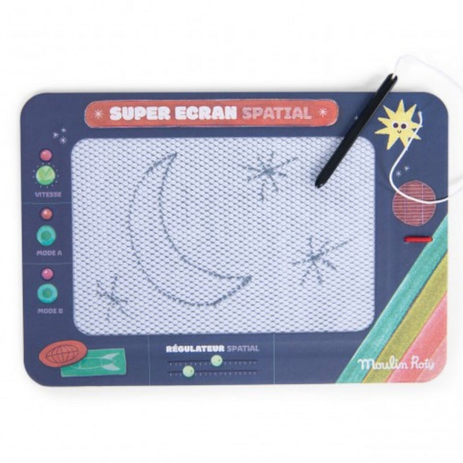 Moulin Roty magnetisch tekenbord in marineblauw met een maan en sterren tekening.