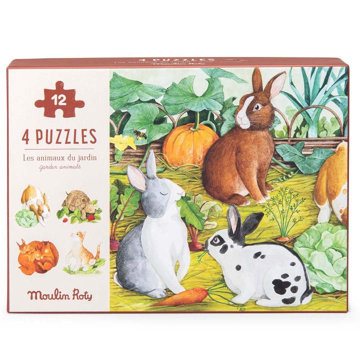 Moulin Roty puzzelverpakking met illustraties van tuindieren zoals konijnen, een eekhoorn en een schildpad.