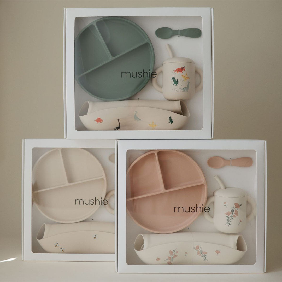 mushie giftbox siliconen servies - pink flowers | 70.999.201 | 2