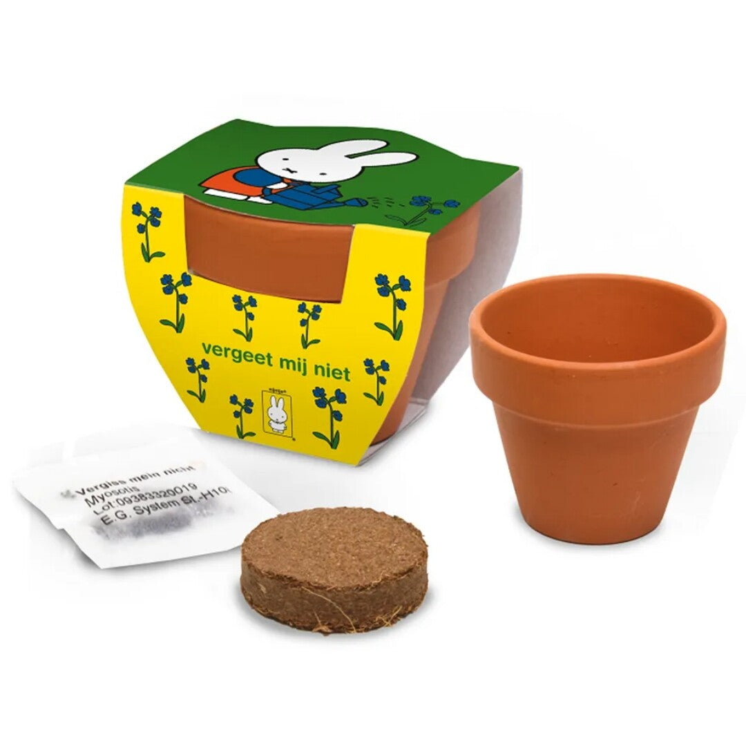 Een Nijntje vergeet-mij-nietje kweekset met twee terracotta potjes, zaden en een aarde tablet.