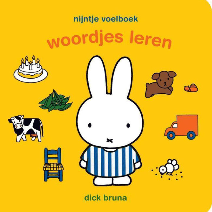 Voorkant van het Nijntje voelboek 'woordjes leren' met Nijntje en diverse objecten op een gele achtergrond.