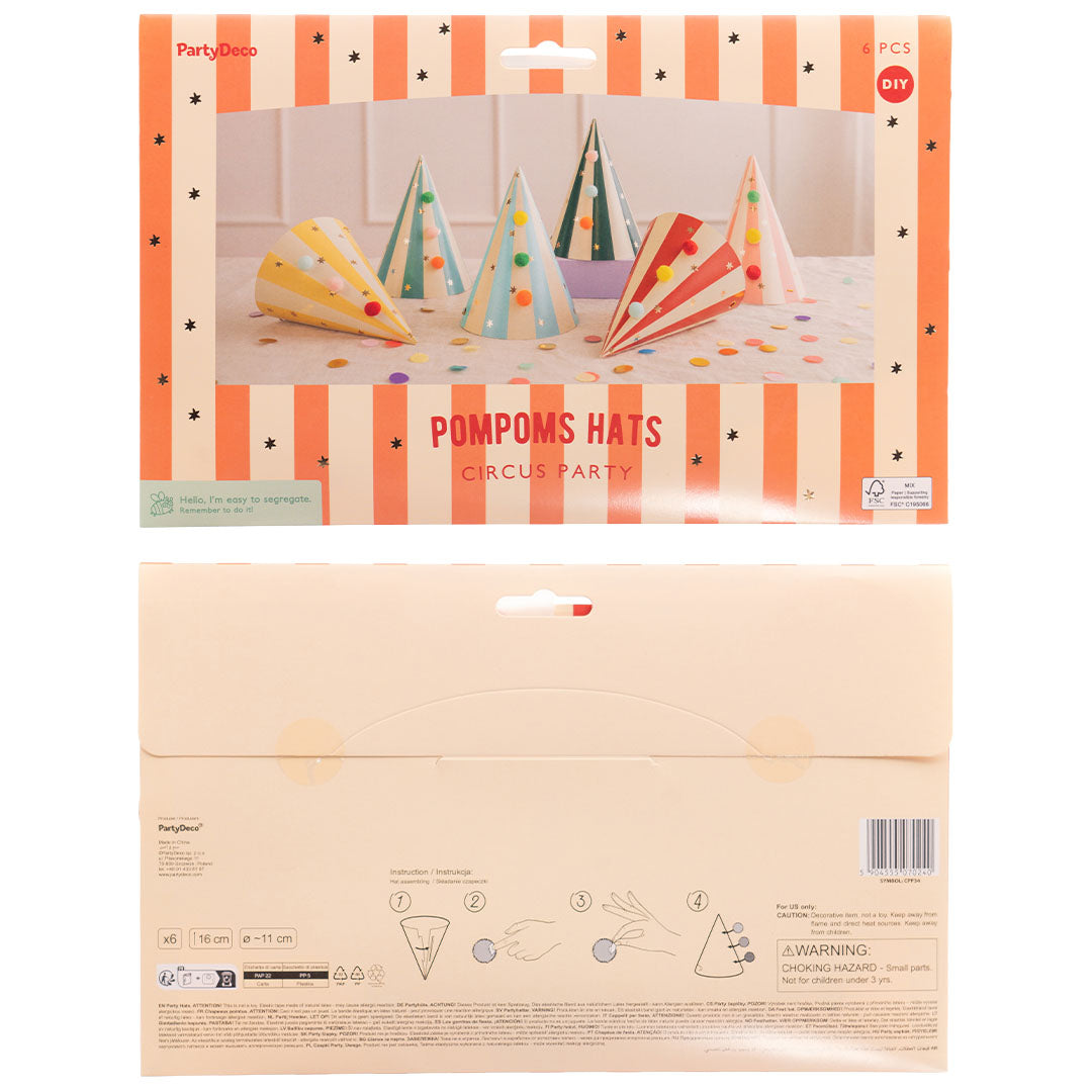 partydeco feesthoedjes - pompoms - 6st | CPP34 | 4