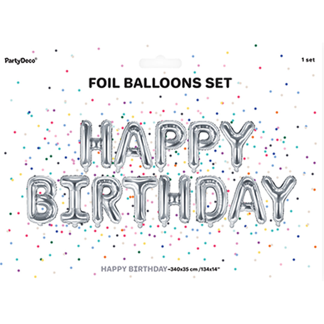 partydeco folieballonset happy birthday - zilver - 340x35 cm