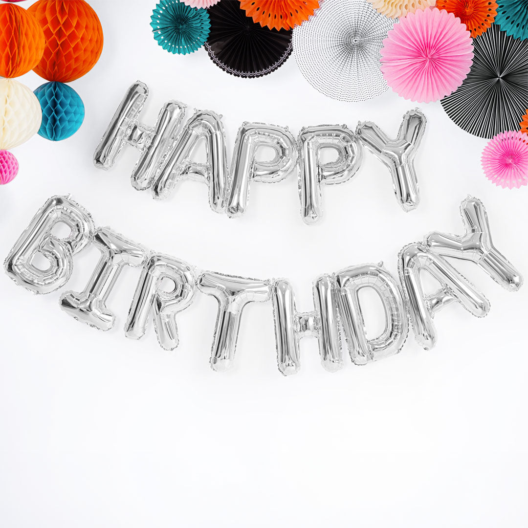 partydeco folieballonset happy birthday - zilver - 340x35 cm
