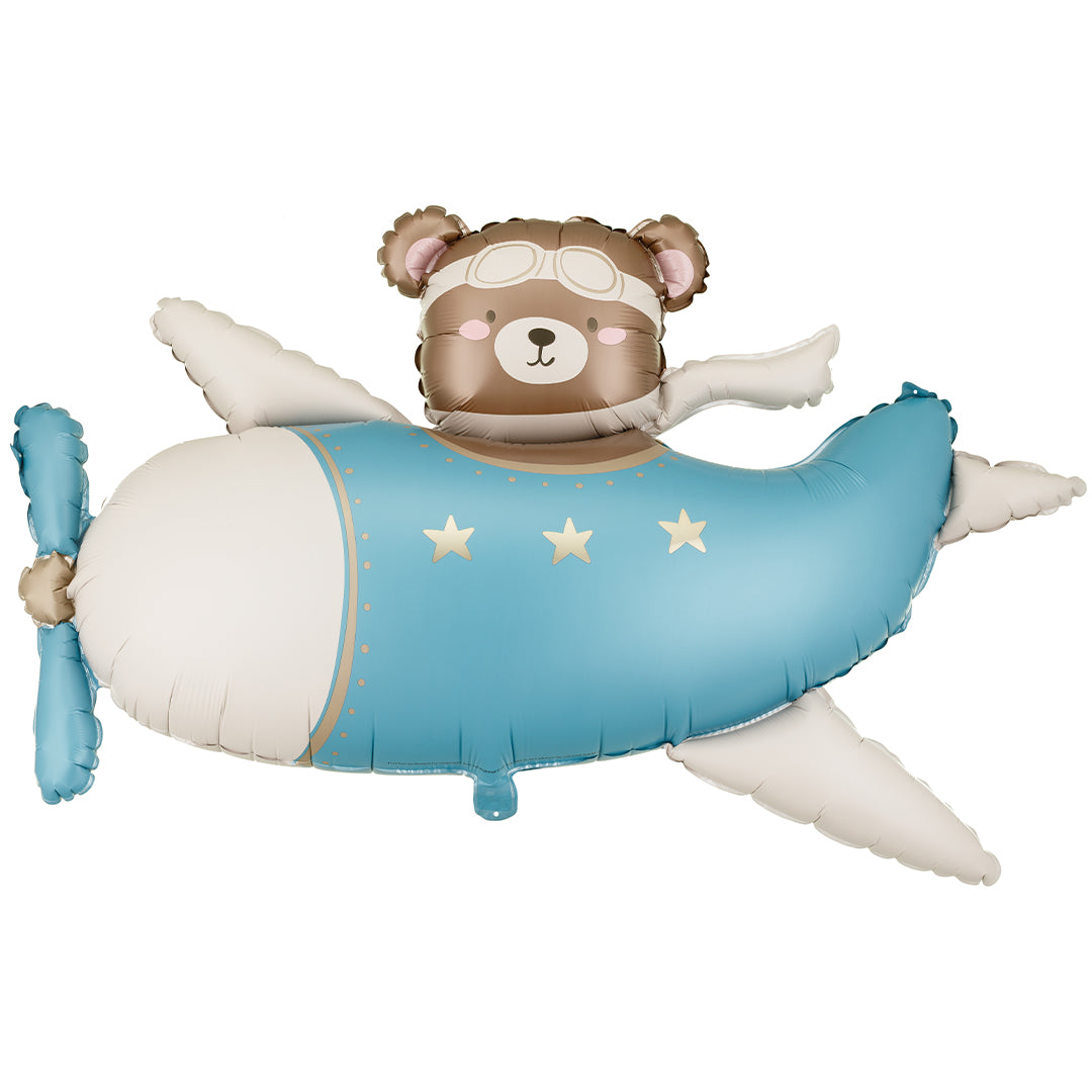 partydeco folieballon vliegtuig met beer - blauw - 94 cm | FB383-001J | 