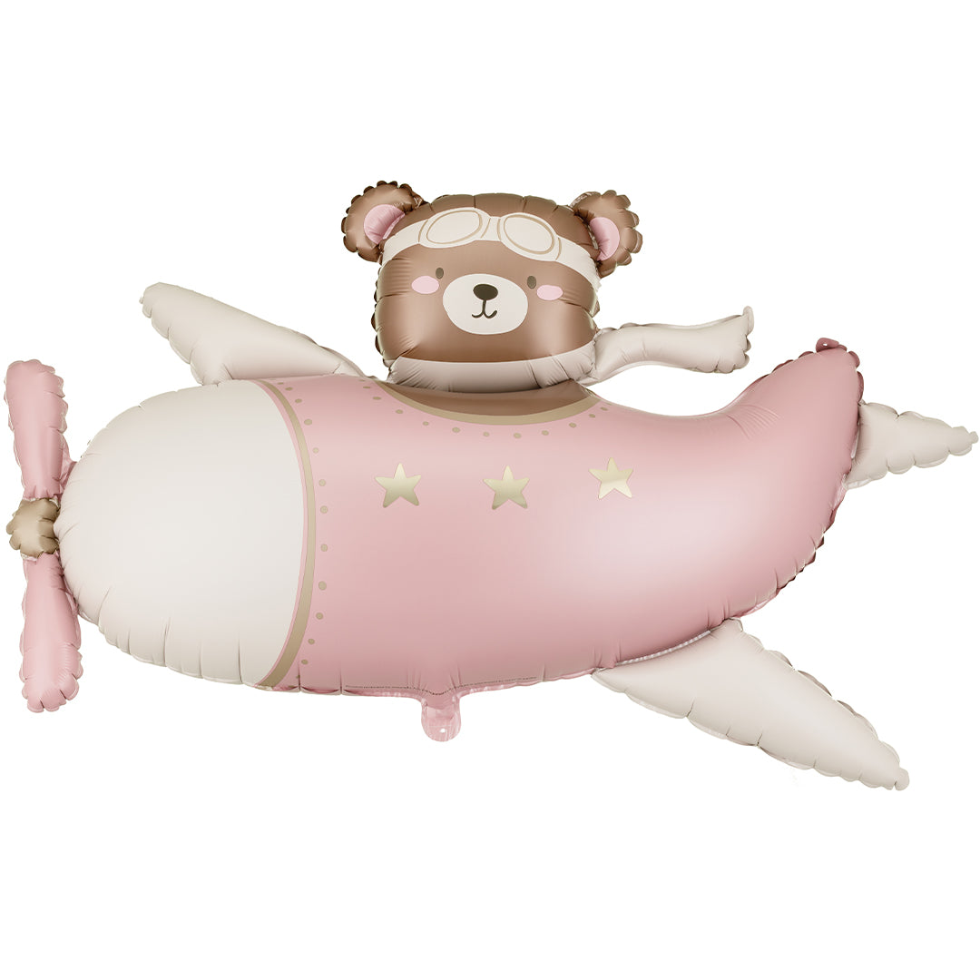 partydeco folieballon vliegtuig met beer - roze - 94 cm | FB383-081J | 