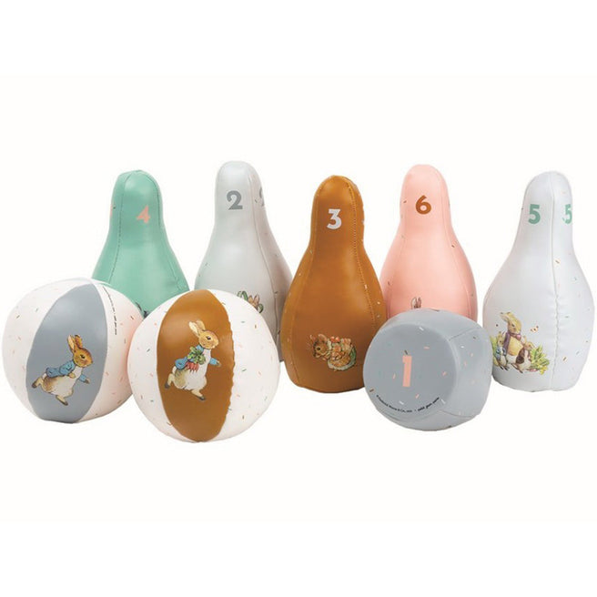 petit jour Pieter Konijn kegelspel met zes genummerde, veelkleurige kegels en drie ballen met Peter Rabbit afbeeldingen.